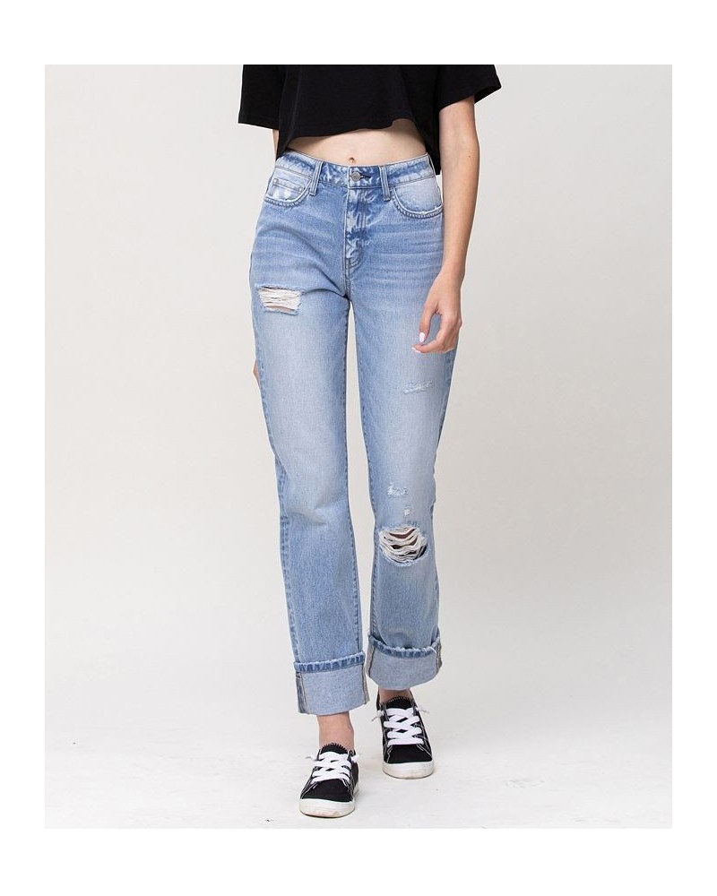 Women's High Rise 90's Vintage-Like Straight Jeans with Cuff Hem Light Blue $46.31 Jeans