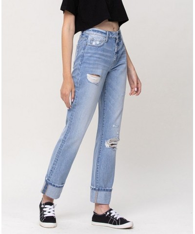 Women's High Rise 90's Vintage-Like Straight Jeans with Cuff Hem Light Blue $46.31 Jeans