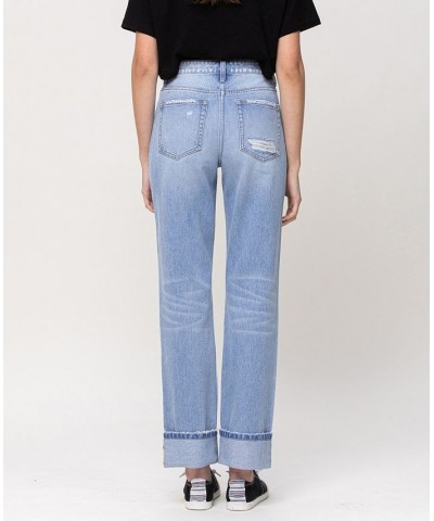 Women's High Rise 90's Vintage-Like Straight Jeans with Cuff Hem Light Blue $46.31 Jeans