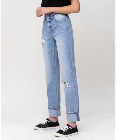 Women's High Rise 90's Vintage-Like Straight Jeans with Cuff Hem Light Blue $46.31 Jeans