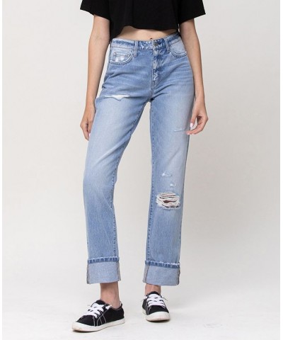 Women's High Rise 90's Vintage-Like Straight Jeans with Cuff Hem Light Blue $46.31 Jeans