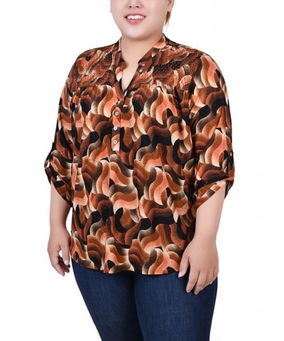 Plus Size 3/4 Roll Tab Sleeve Smocked-Yoke Top Rust Black Abstract $11.97 Tops