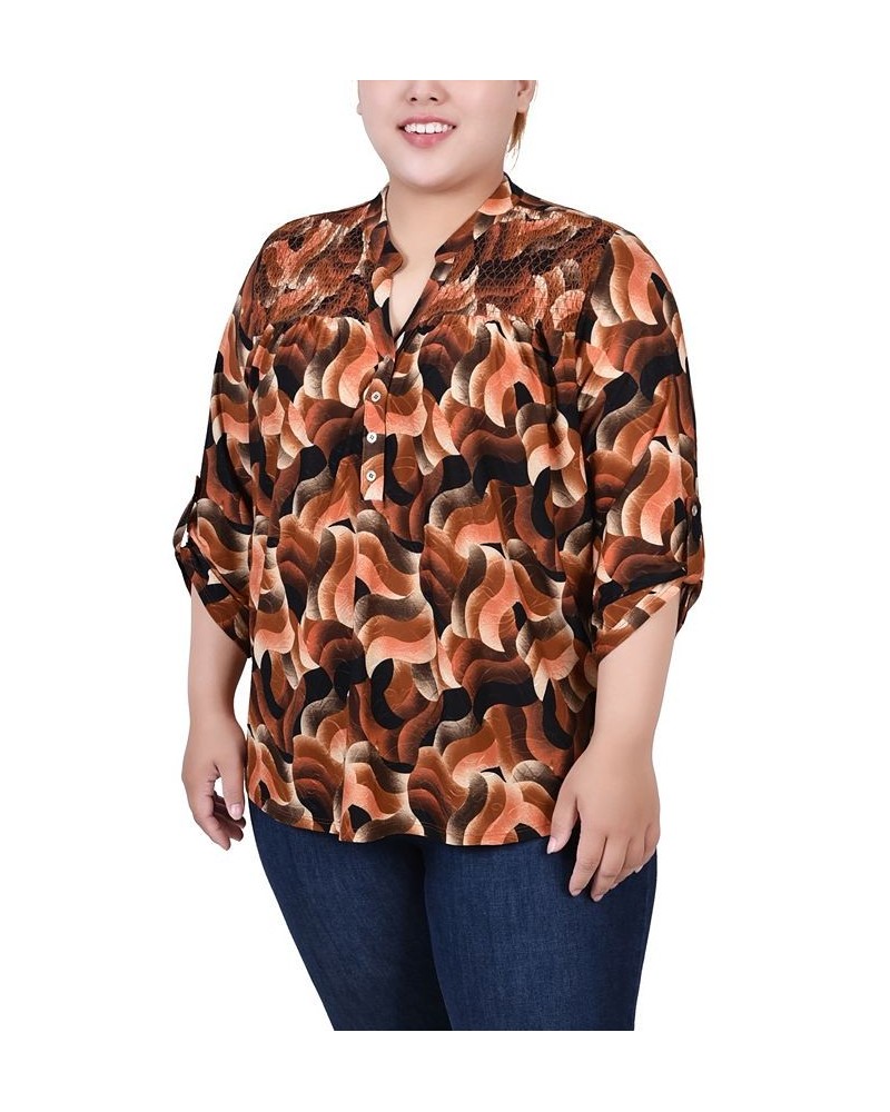 Plus Size 3/4 Roll Tab Sleeve Smocked-Yoke Top Rust Black Abstract $11.97 Tops