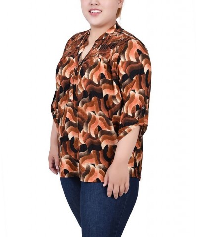 Plus Size 3/4 Roll Tab Sleeve Smocked-Yoke Top Rust Black Abstract $11.97 Tops