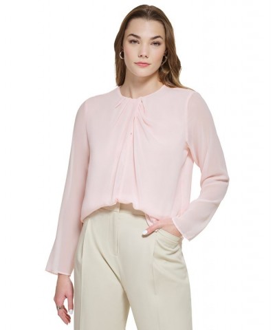 Women's Long Sleeve Twist Neck Chiffon Blouse Pink $46.54 Tops