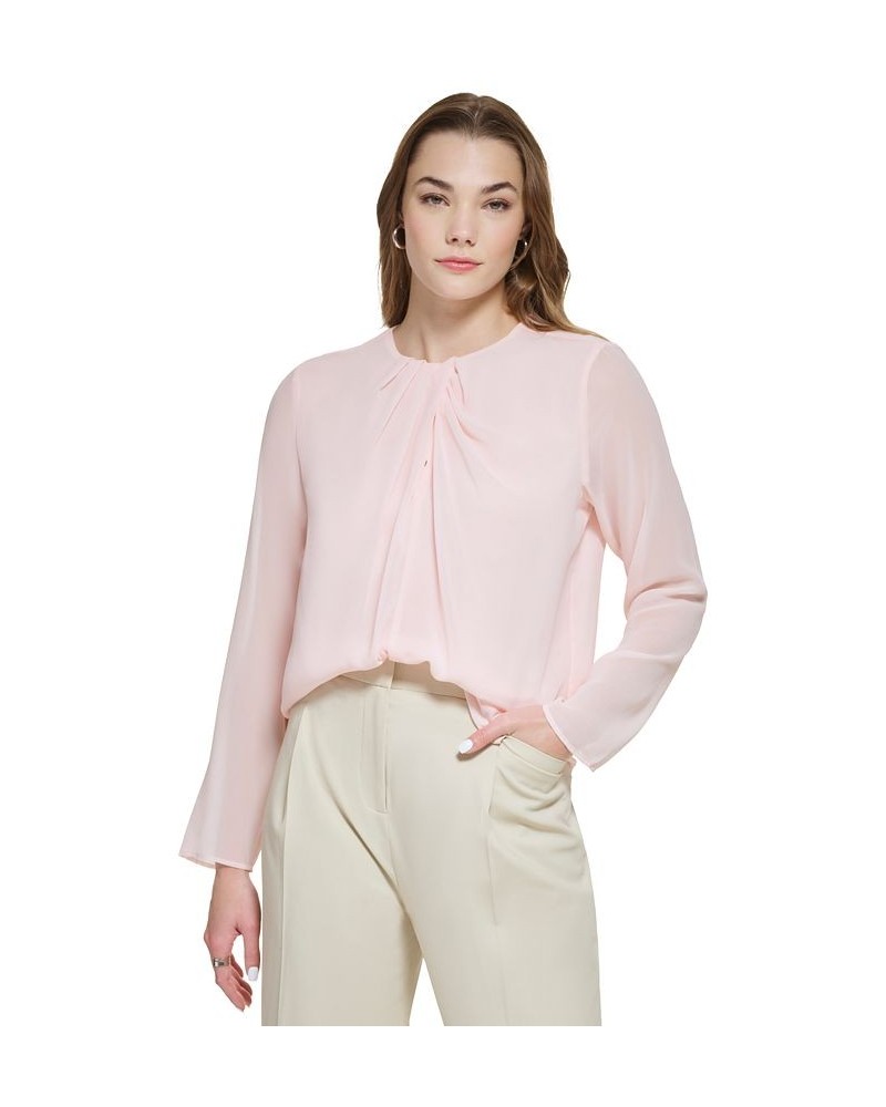 Women's Long Sleeve Twist Neck Chiffon Blouse Pink $46.54 Tops