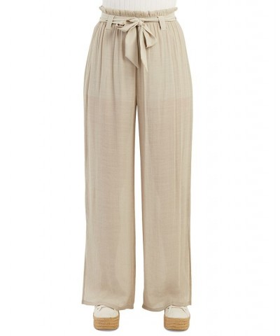 Juniors' Gauzy Belted High Rise Paperbag-Waist Pants Sand $31.86 Pants