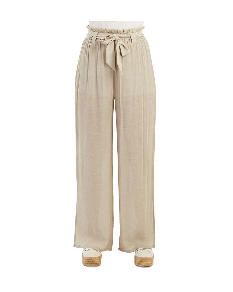 Juniors' Gauzy Belted High Rise Paperbag-Waist Pants Sand $31.86 Pants