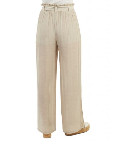 Juniors' Gauzy Belted High Rise Paperbag-Waist Pants Sand $31.86 Pants