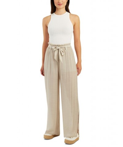 Juniors' Gauzy Belted High Rise Paperbag-Waist Pants Sand $31.86 Pants