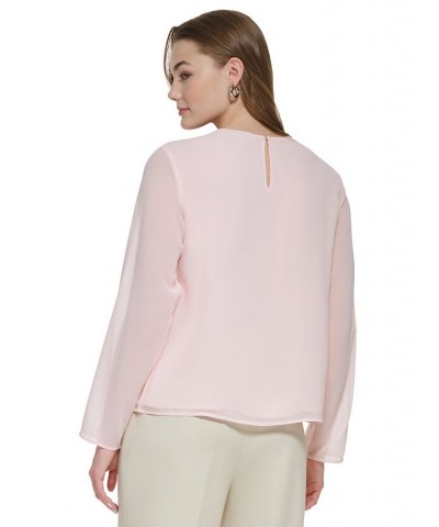 Women's Long Sleeve Twist Neck Chiffon Blouse Pink $46.54 Tops