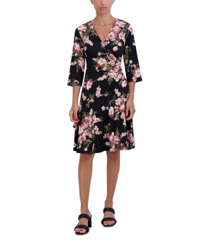 Women's V-Neck 3/4-Sleeve Floral Jersey Dress Black Mauve $22.43 Dresses