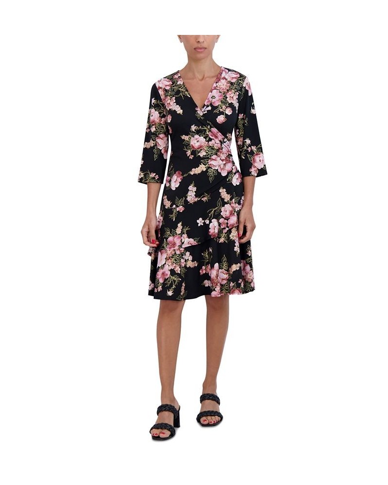 Women's V-Neck 3/4-Sleeve Floral Jersey Dress Black Mauve $22.43 Dresses