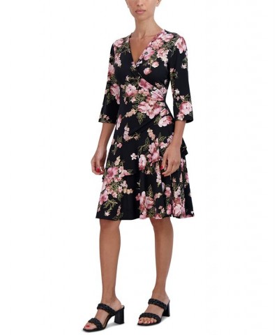 Women's V-Neck 3/4-Sleeve Floral Jersey Dress Black Mauve $22.43 Dresses