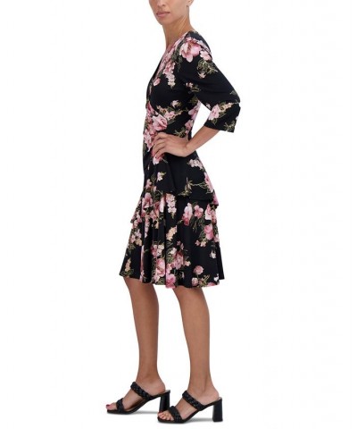 Women's V-Neck 3/4-Sleeve Floral Jersey Dress Black Mauve $22.43 Dresses