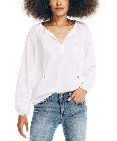 Women's Embroidered Split-Neck Top Bright White $18.35 Tops