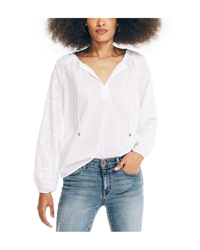 Women's Embroidered Split-Neck Top Bright White $18.35 Tops