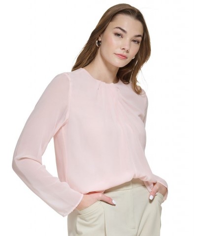 Women's Long Sleeve Twist Neck Chiffon Blouse Pink $46.54 Tops