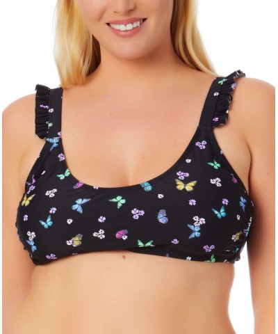 Size Butterfly-Print Ruffled Bikini Top Fly Away Black Multi $12.32 Swimsuits