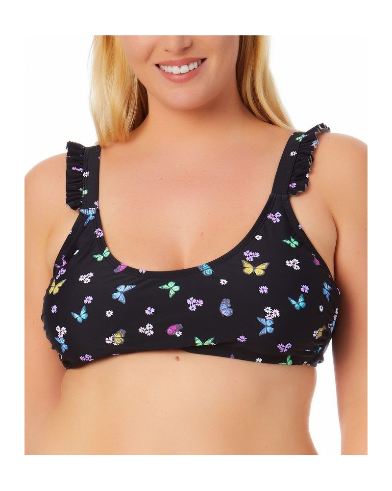 Size Butterfly-Print Ruffled Bikini Top Fly Away Black Multi $12.32 Swimsuits