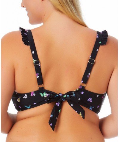 Size Butterfly-Print Ruffled Bikini Top Fly Away Black Multi $12.32 Swimsuits