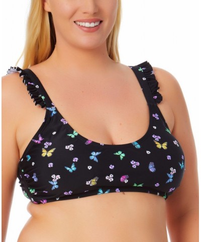 Size Butterfly-Print Ruffled Bikini Top Fly Away Black Multi $12.32 Swimsuits