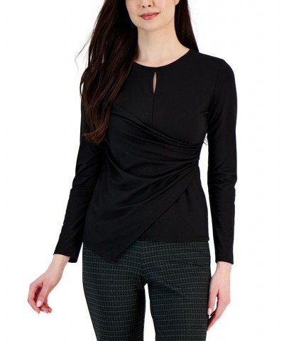 Women's Harmony-Knit Asymmetric Faux-Wrap Keyhole Top Black $28.27 Tops