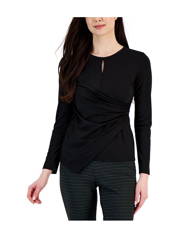 Women's Harmony-Knit Asymmetric Faux-Wrap Keyhole Top Black $28.27 Tops