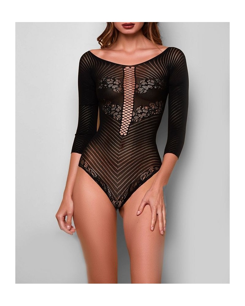 iCollection Women's Lorrain 1 Piece All Sheer Ballet Neck Body Suit Black $27.26 Lingerie