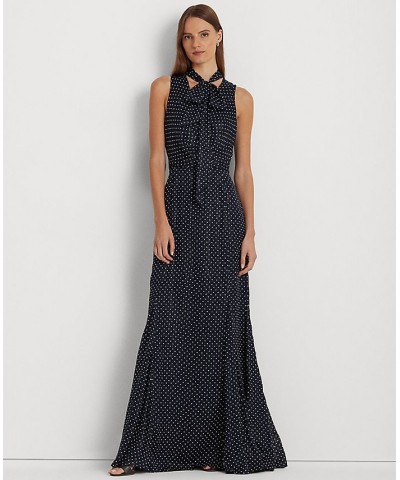 Women's Polka-Dot Metallic Chiffon Gown Navy Cream $117.25 Dresses