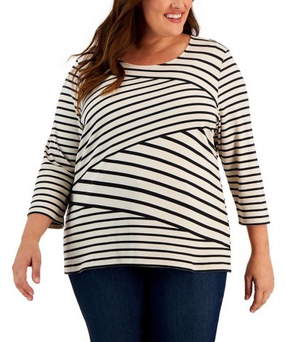 Plus Size 3/4-Sleeve Striped Top Pebble $14.19 Tops