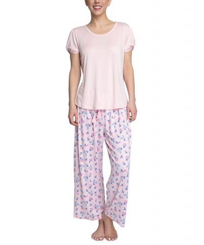 Plus Size Embellished Sleeve & Printed Pajama Pants Set Pink $31.20 Sleepwear