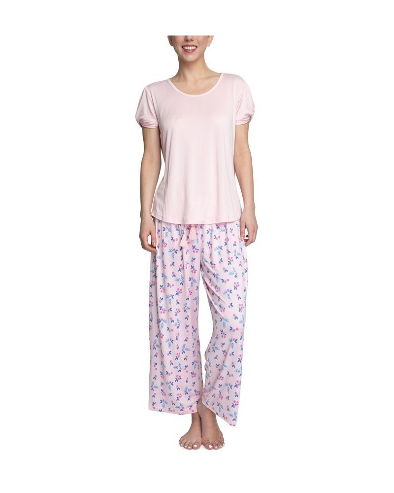 Plus Size Embellished Sleeve & Printed Pajama Pants Set Pink $31.20 Sleepwear