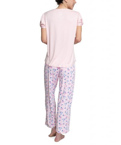 Plus Size Embellished Sleeve & Printed Pajama Pants Set Pink $31.20 Sleepwear