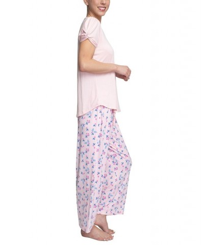 Plus Size Embellished Sleeve & Printed Pajama Pants Set Pink $31.20 Sleepwear