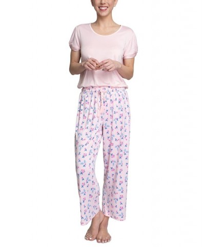 Plus Size Embellished Sleeve & Printed Pajama Pants Set Pink $31.20 Sleepwear