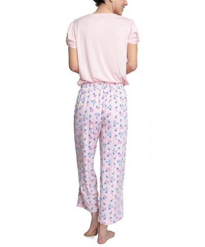 Plus Size Embellished Sleeve & Printed Pajama Pants Set Pink $31.20 Sleepwear