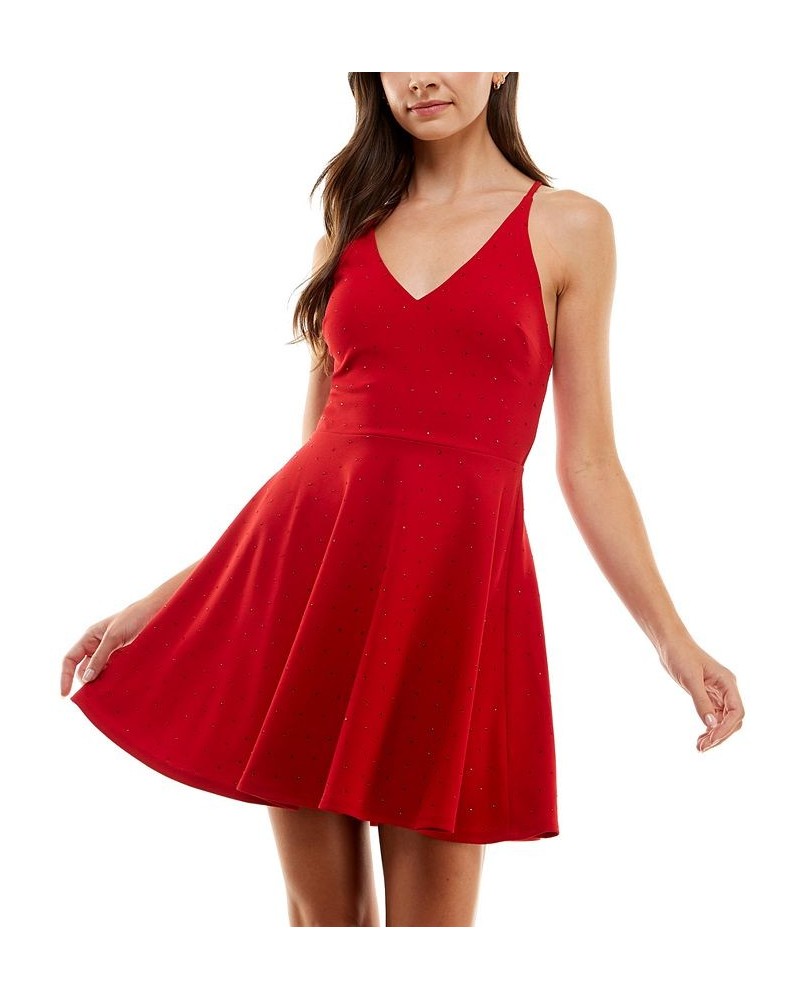 Juniors' Rhinestone-Embellished Fit & Flare Dress Red $15.39 Dresses