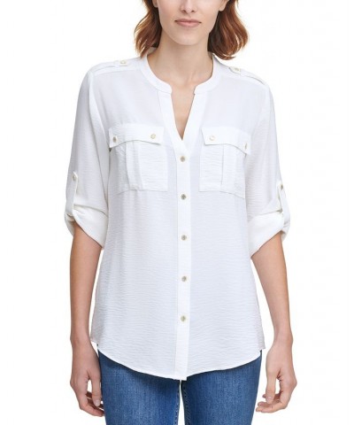 Textured Roll Tab Button Down Shirt White $19.74 Tops