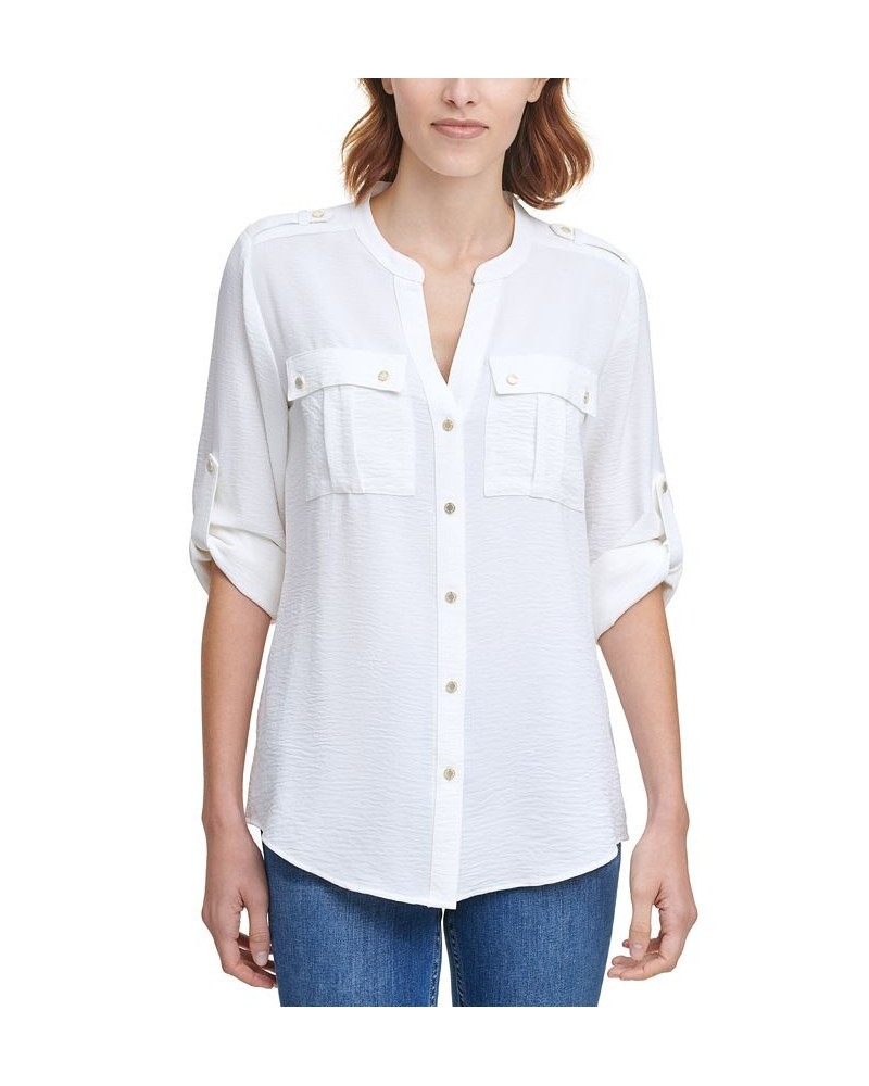 Textured Roll Tab Button Down Shirt White $19.74 Tops