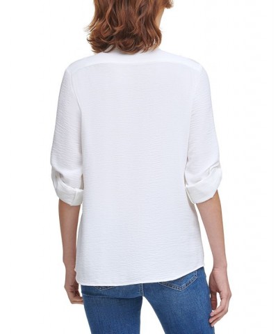 Textured Roll Tab Button Down Shirt White $19.74 Tops