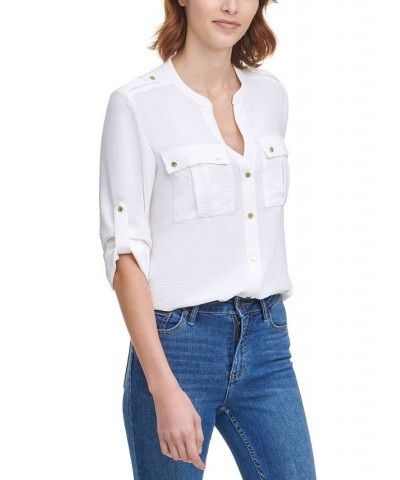 Textured Roll Tab Button Down Shirt White $19.74 Tops