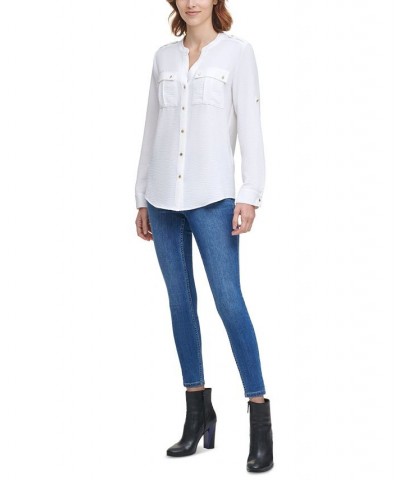 Textured Roll Tab Button Down Shirt White $19.74 Tops