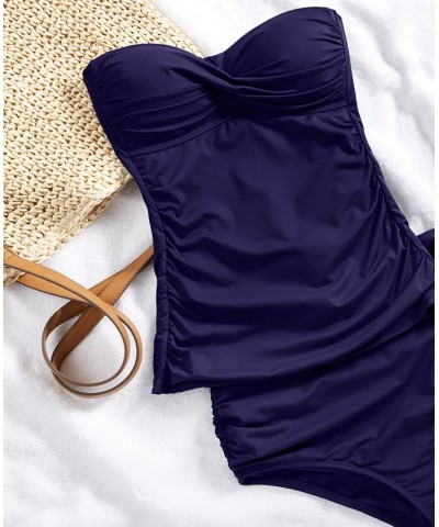 Women's Printed High-Neck Shirred Tankini Top & Matching Bottoms Navy $43.20 Swimsuits