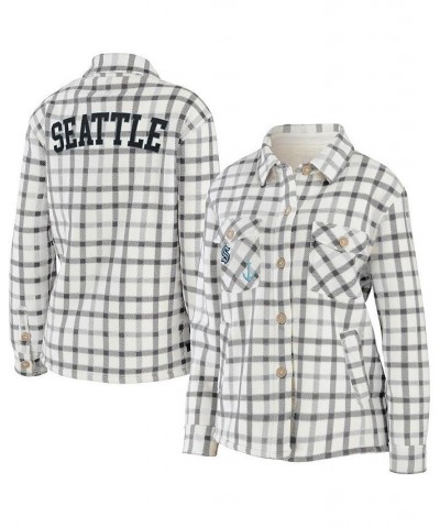 Women's Oatmeal Seattle Kraken Plaid Button-Up Shirt Jacket Oatmeal $37.80 Jackets