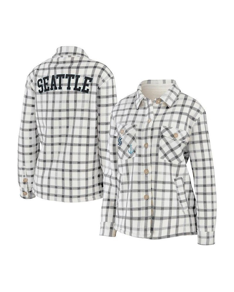 Women's Oatmeal Seattle Kraken Plaid Button-Up Shirt Jacket Oatmeal $37.80 Jackets