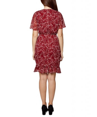 Women's Ruched-Skirt Flutter-Sleeve Dress Red Multi $53.10 Dresses