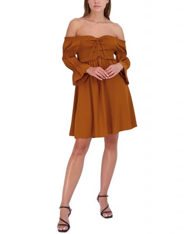 Women's Smocked Off-The-Shoulder Bubble-Sleeve Dress Orange $38.78 Dresses