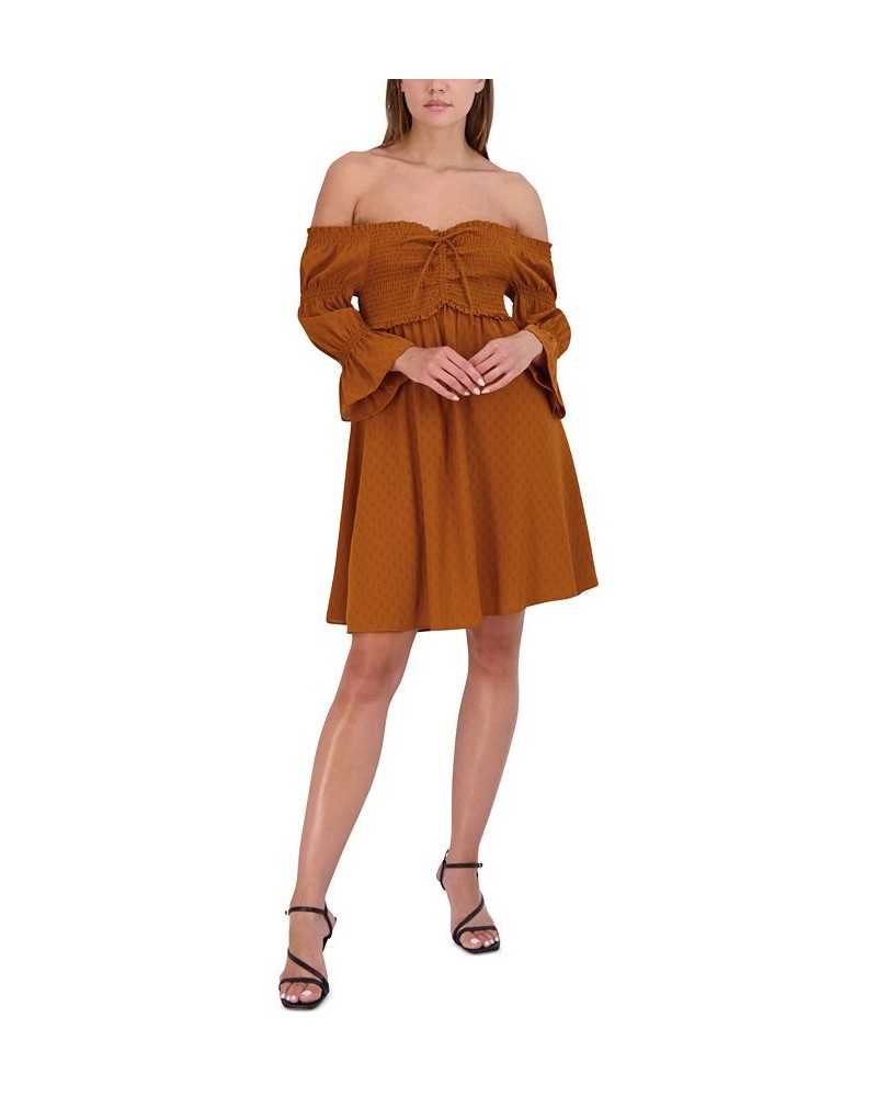 Women's Smocked Off-The-Shoulder Bubble-Sleeve Dress Orange $38.78 Dresses