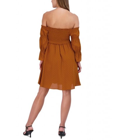 Women's Smocked Off-The-Shoulder Bubble-Sleeve Dress Orange $38.78 Dresses